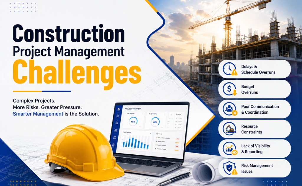 Construction project management challenges including schedule delays, cost overruns, communication issues, resource management, and risk control
